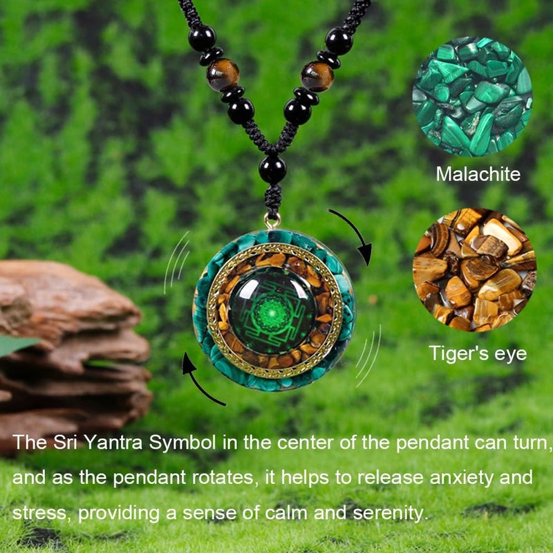 daydayup Orgonite Necklace - Sri Yantra Rotatable Pendant For Anti Stress Anxiety & Meditation - Malachite And Tiger Stone For Spiritual Healing & Positive Energy - Image 3